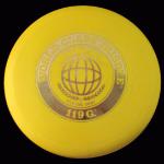 MODEL -  1975 World Class Frisbee 119G 40 Mold
COLOR - Yellow
WEIGHT - 119gr
CONDITION - Used
COMMENT - Krea Van Sickle and Laura Engle signed with trademark in raised lettering on backside