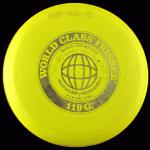 MODEL -  1975 World Class Frisbee 119G 41 Mold
COLOR - Yellow
WEIGHT - 119gr
CONDITION - Used
COMMENT - Krea Van Sickle and Laura Engle signed with trademark in raised lettering on backside
