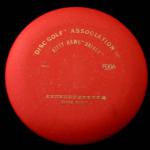 MODEL - DGA Sure Shot Kitty Hawk Driver 2nd Period.
COLOR - Red/Gold Hot Stamp
WEIGHT/SIZE -Unknown/21cm
MAX WEIGHT - 174gr
CONDITION - Used
COMMENT - Received for joing PDGA in 1985