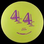 This is a 44 mold. It is yelow with a purple hot stamp and weighs 178gr.